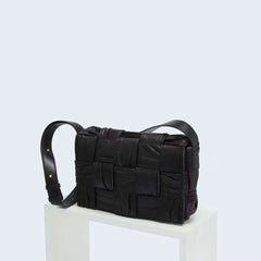 Italy Lambskin Leather Quilted Elegant Shoulder Bag, Wrinkle Leather Handwoven Bag, Trendy Boutique Designer Bag, Classic Style Leather Bag, Black