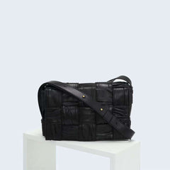 Italy Lambskin Leather Quilted Elegant Shoulder Bag, Wrinkle Leather Handwoven Bag, Trendy Boutique Designer Bag, Classic Style Leather Bag, Black