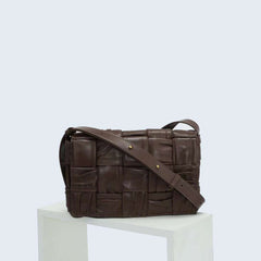Italy Lambskin Leather Quilted Elegant Shoulder Bag, Wrinkle Leather Handwoven Bag, Trendy Boutique Designer Bag, Classic Style Leather Bag, Dark Brown