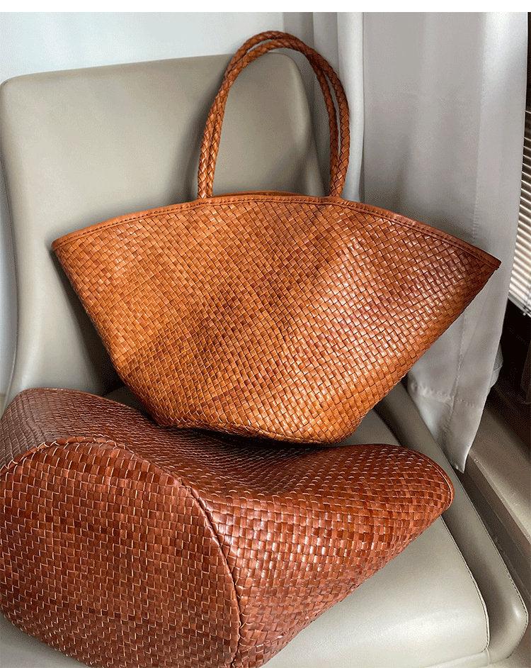 Italy Leather interwoven Hobo Large Trapezoidal Tote Bag, Full Grain Leather Triple Bamboo Bag, Summer Beach Bag, Handcrafted Basket Bag