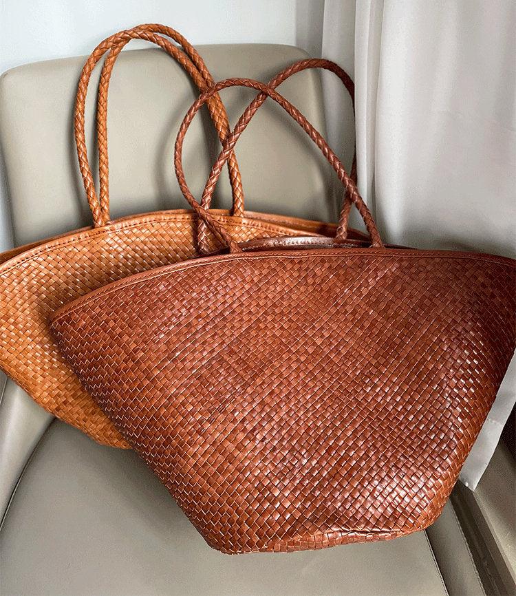 Italy Leather Woven Hobo Large Trapezoidal Tote Bag, Full Grain Leather Triple Bamboo working Bag, Summer Beach Bag, Handcrafted Basket Bag