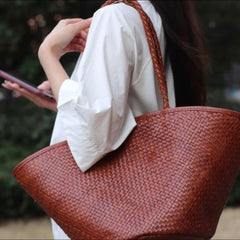 Italy Leather Woven Hobo Large Trapezoidal Tote Bag, Full Grain Leather Triple Bamboo working Bag, Summer Beach Bag, Handcrafted Basket Bag