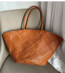 Italy Leather Woven Hobo Large Trapezoidal Tote Bag, Full Grain Leather Triple Bamboo working Bag, Summer Beach Bag, Handcrafted Basket Bag