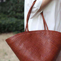 Italy Leather interwoven Hobo Large Trapezoidal Tote Bag, Full Grain Leather Triple Bamboo Bag, Summer Beach Bag, Handcrafted Basket Bag