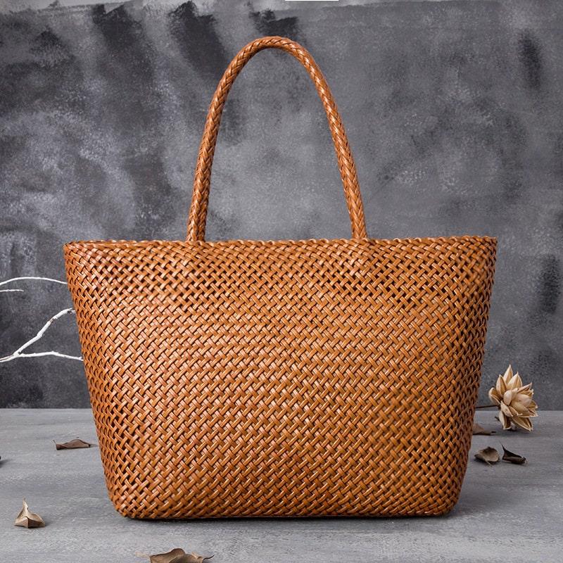 Large Genuine Leather Tote Bag, Woven Leather Handbag | Handwoven Triple Jump Bamboo Style Ladies Hobo Beach Bag, Weekend Shopping Bag