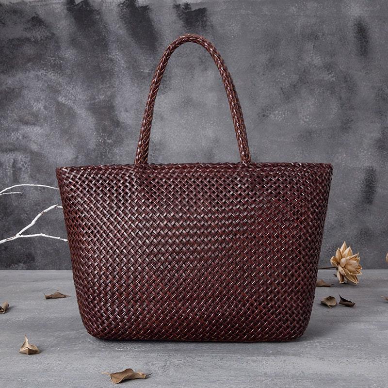 Large Genuine Leather Tote Bag, Woven Leather Handbag | Handwoven Triple Jump Bamboo Style Ladies Hobo Beach Bag, Weekend Shopping Bag