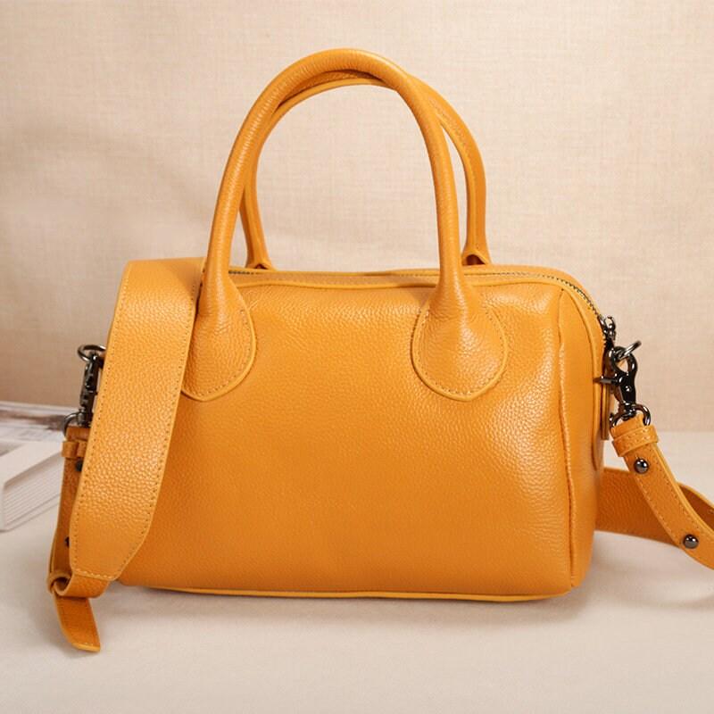 Minimalist Italy Grain Leather Boston Bag, Leather Shoulder Bag Yellow, Black, Lady Fashion Crossbody Bag, Everyday Bag, Gift for Her