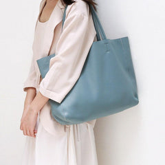 Minimalist Leather Tote Bag, Full Grain Leather Large Tote Bag, Classic Everyday Bag, Birthday gift for her, Light Blue