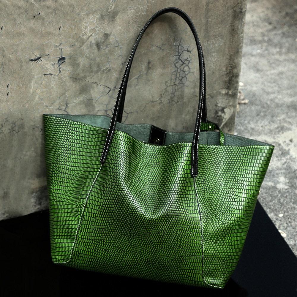 Oversize Large Leather Tote Bag, GENUINE Leather Bag, Lady Fashion Bag Green, Green Snake Print Leather Tote Bag