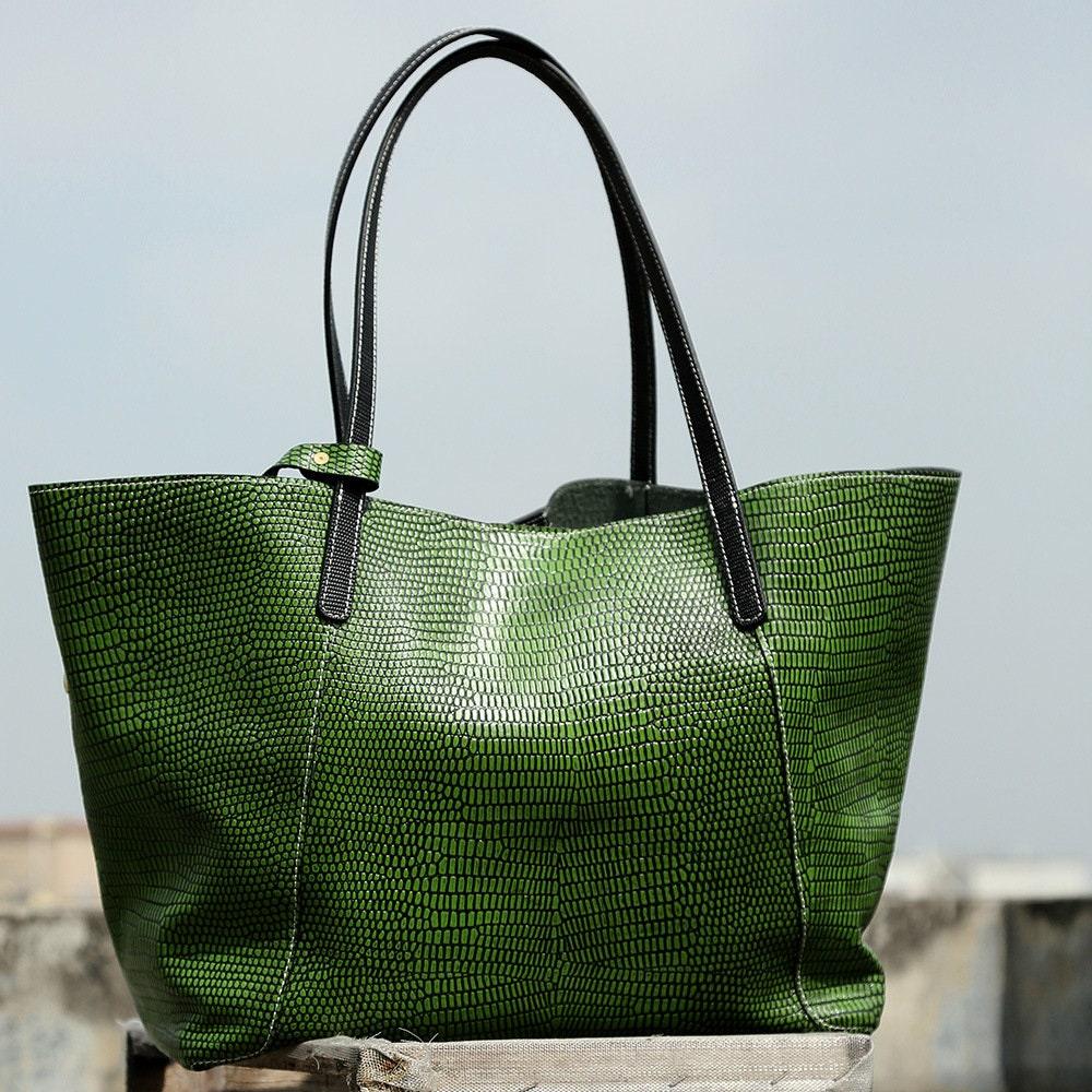 Oversize Large Leather Tote Bag, GENUINE Leather Bag, Lady Fashion Bag Green, Green Snake Print Leather Tote Bag