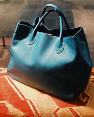 Teal Blue Large Leather Tote Bag, Cowhide Leather Bag, Lady Fashion Bag, Leather Weekend Bag, Women Must-Have Bag, Designer Bag, Gift