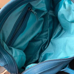 Teal Blue Large Leather Tote Bag, Cowhide Leather Bag, Lady Fashion Bag, Leather Weekend Bag, Women Must-Have Bag, Designer Bag, Gift
