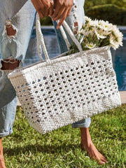 White Genuine Leather Hand Woven Cuboid Shaped Ladies TOTE, Open Rattan Woven Triple Jump Bamboo Ladies Hobo Holiday Bag, Beach Basket Bag