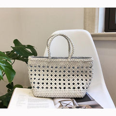 White Genuine Leather Hand Woven Cuboid Shaped Ladies TOTE, Open Rattan Woven Triple Jump Bamboo Ladies Hobo Holiday Bag, Beach Basket Bag