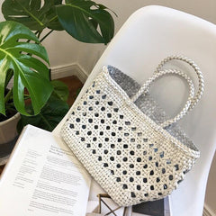White Genuine Leather Hand Woven Cuboid Shaped Ladies TOTE, Open Rattan Woven Triple Jump Bamboo Ladies Hobo Holiday Bag, Beach Basket Bag
